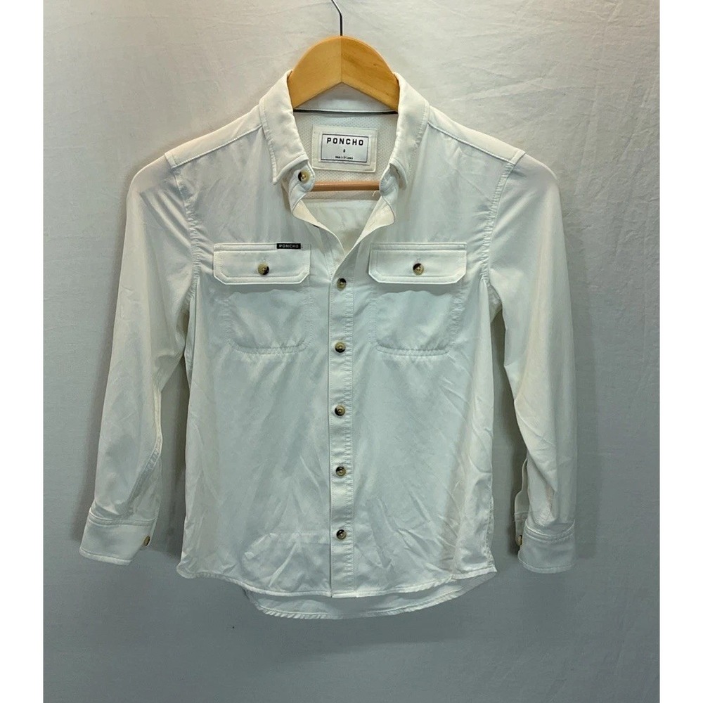Poncho White Long Sleeve Roll Tab Button Shirt Kids Sz S Fish Camp‎ Performance